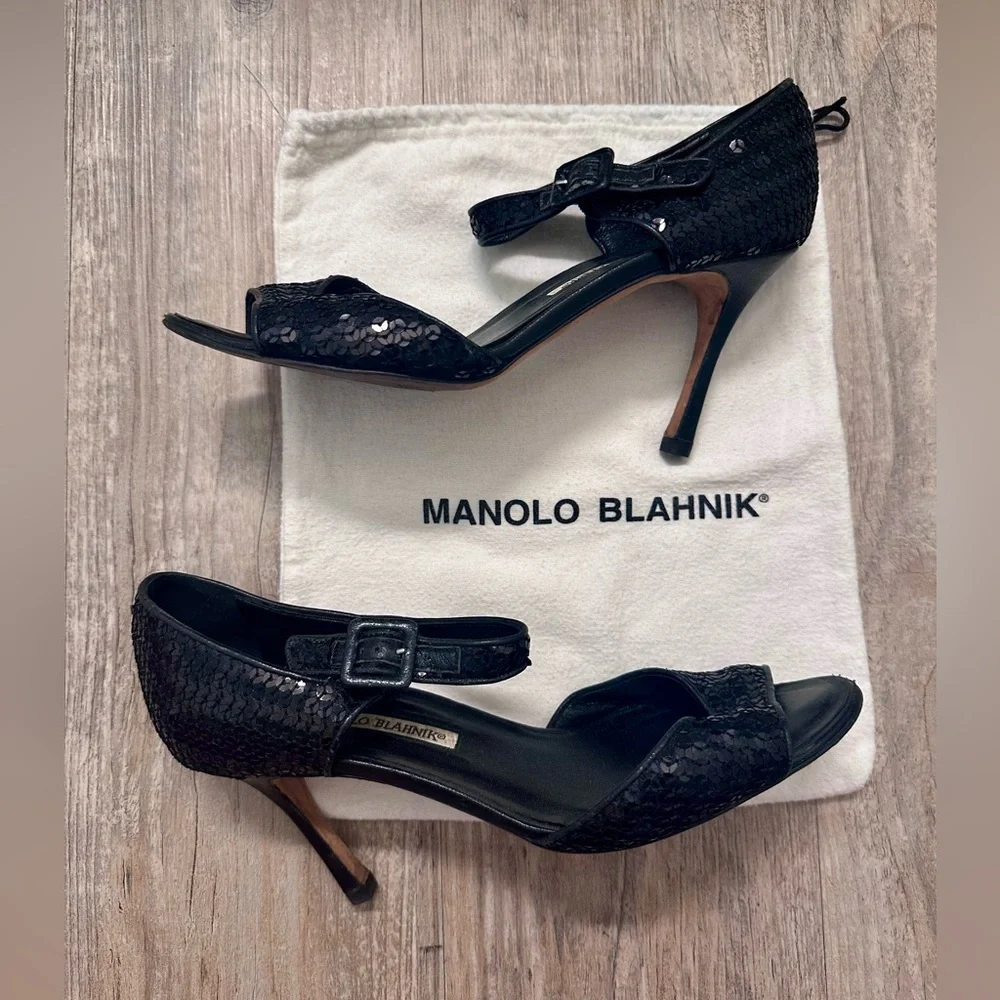 Manolo Blahnik Caldo Sequined Black Ankle Strap Peep Toe Stiletto Heels